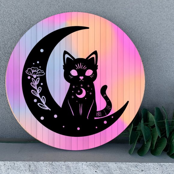 Hand Crafted Other - Black Cat and Moon Celestial Tie Die Background Handmade 12" Wood Wall Decor